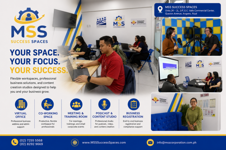 MSS Success Spaces in Angono, Rizal featuring its co-working space, virtual office, meeting and training room, podcast studio, and business registration services.